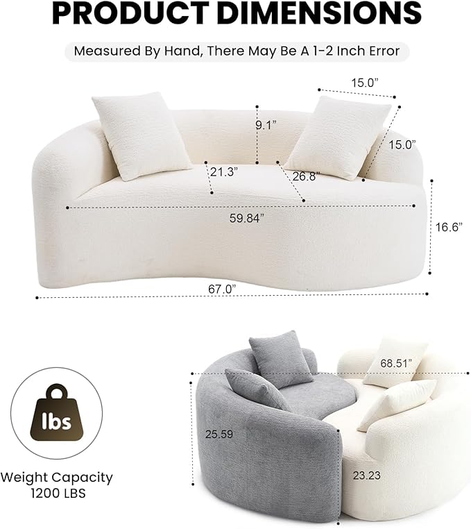 66.9'' Modular Sectional Loveseat Chenille Upholstered Boneless Curved Loveseat with Deep SeatCombination Round Sofa for Coffee Shop Game Room Office (Cream White 66.9 Inch)
