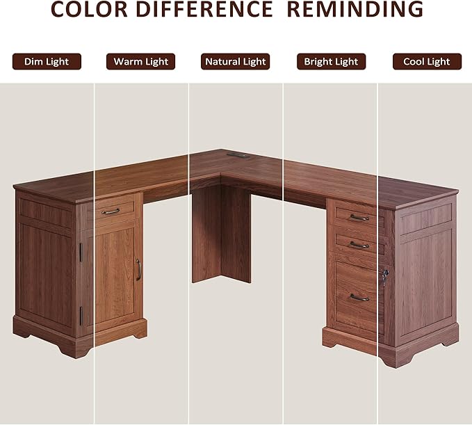 Whalefall Farmhouse L Shaped Desk with Drawers 67 Inch Executive Home Office Desk with File Cabinet Computer Corner Desk with Charging Station Cherry Brown