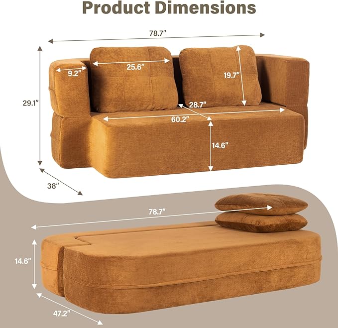 78 Convertible Sofa Bed with Blanket Boneless Cloud Couch Queen Scott Fabric for Living Room Bedroom Modular Loveseat with High-Density Solid Sponge No Assembly Brown