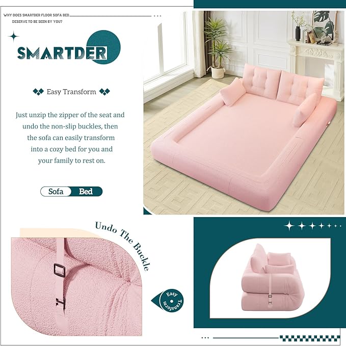 Convertible Sofa Bed with Folding Mattress Oversized Human Dog Bed 3-in-1 Sleeper Couch with Pillows and Thick Armrests 78.7 King Size Floor Sofa for Living Room Bedroom Guest Room Pink Teddy