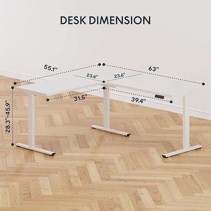 SANODESK L Shaped Standing Desk Adjustable Height Electric Corner Standing Desk 63 x 55 inch Sit Stand Computer Table with Splice Board White
