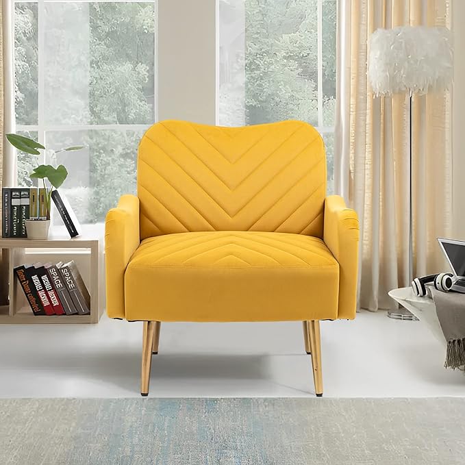 Velvet Accent Chair Comfy Upholstered Living Room Arm Chair Single Reading Sofa Chairs for Bedroom Office Small Spaces Waiting Room Furniture (Mustard Chair)