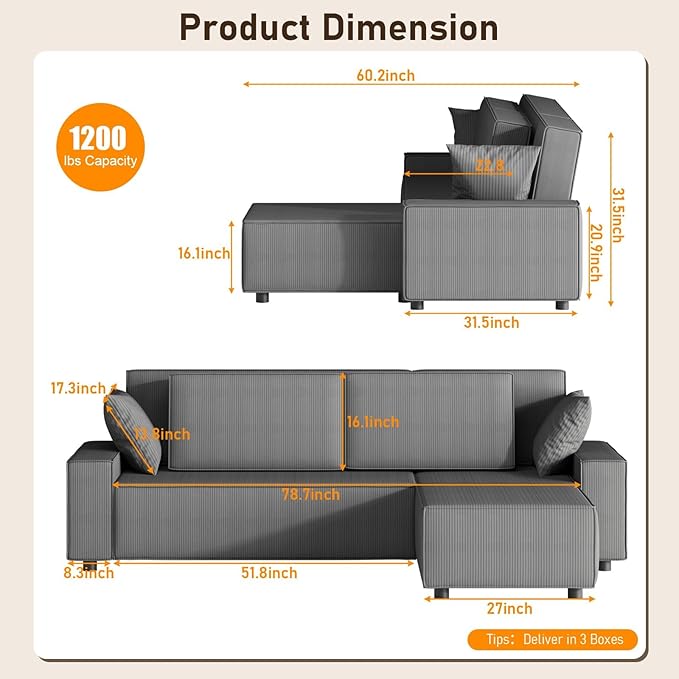 GAOMON Fine Stripe Corduroy Sectional Sofa l Shaped Modern Corduroy Couch Comfy Sofa Couch with Deep Chaise for Living Room Apartment Hotel 96 w*61 d*32 h Dark Grey