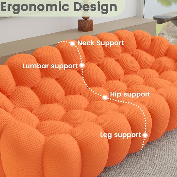 Bubble Couch Modern 3-Seater Upholstered Mesh Fabric Round Floor Sofa 3D Honeycomb Shape Bubble Sofa Curved Sofas for Living Room Circle Boneless Orange Couch No-Assembly (Orange 98.43)