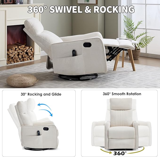 Swivel Rocker Recliner Chair 360° Swivel Recliner with Heat and Massage Rocker Recliner Nursery Glider Chair with Side Pockets for Living Room (Light Beige Fabric)