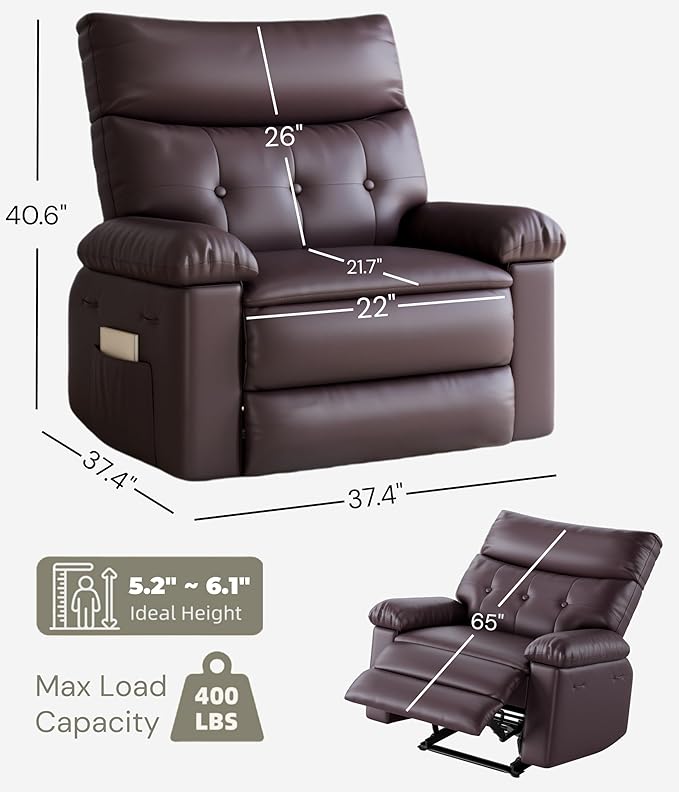 GarveeHome Oversized Recliner Chairs Classic Manual Leather Recliner Home Theater Seating with Lumbar &amp Arms Support for Living Room Bedroom and Nursery - Brown