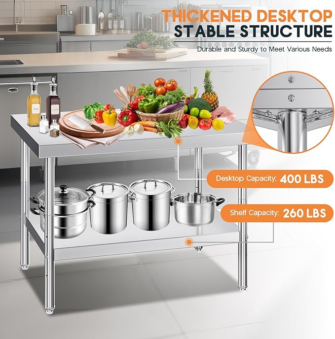 Jocisland 30 x 48 Stainless Steel Table for Prep &amp Work NSF Certified with Adjustable Under Shelf and Feet for Commercial Kitchen Restaurant Hotel Garage
