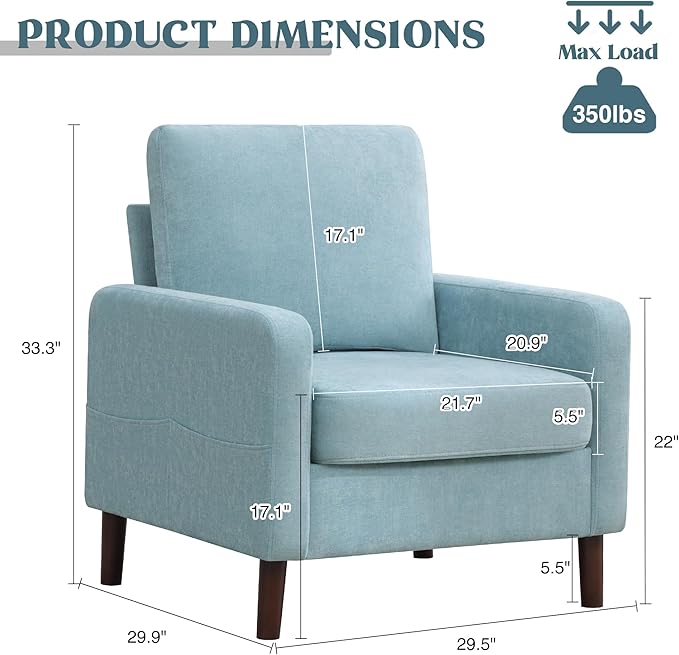 Accent Chair for Living Room Modern Reading Chair for Bedroom Upholstered Armchair with Wood Legs and Side Pockets Single Sofa Side Chair for Office Small Room Apartment Teal Green