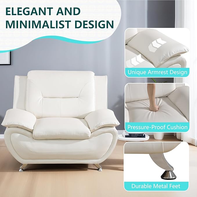 Leather Sectional Sofa Couch Set Living Room Furniture Sets Modern Faux Leather Sofa Couches with Metal Feet Easy Clean 2 Loveseat &amp 1 Chair for Home/Office/Club/Hotel 2+2+1 Cream White