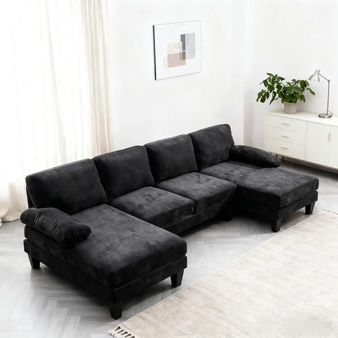 Karl home 111 Sectional Sofa U-Shaped 4-Seat Couch with Chaises Wood Grian Legs Chenille Fabric Upholstered for Living Room Apartment Office Black