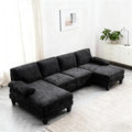 Karl home 111 Sectional Sofa U-Shaped 4-Seat Couch with Chaises Wood Grian Legs Chenille Fabric Upholstered for Living Room Apartment Office Black