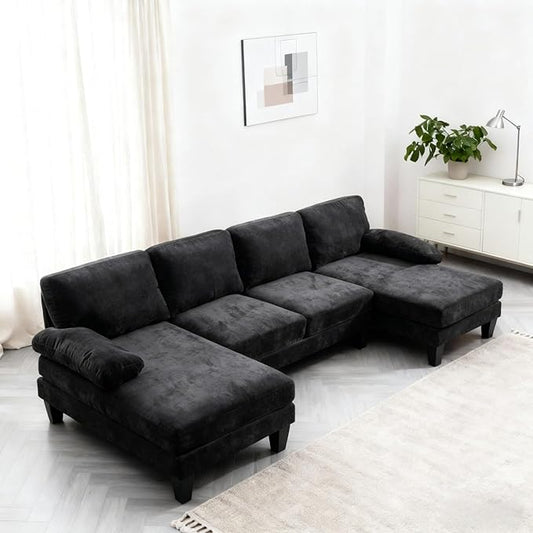 Karl home 111 Sectional Sofa U-Shaped 4-Seat Couch with Chaises Wood Grian Legs Chenille Fabric Upholstered for Living Room Apartment Office Black