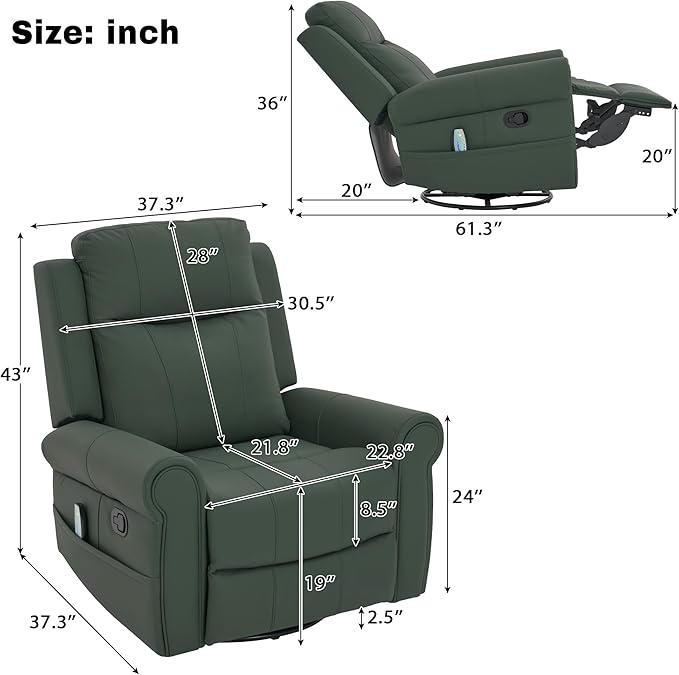 Christopher Knight Home Hayezi 270° Swivel Rocker Recliner Massage and Heating Chair PU Leather Living Room Manual Recliner with Dual Reclining Positions &amp Side Pocket for Nursery Bedroom Gree