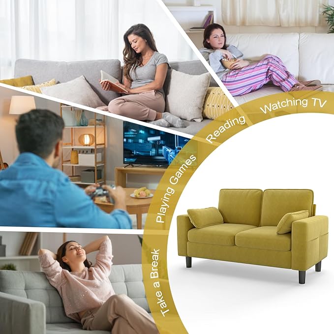 MOTION Loveseat Modern Sofa - Mid Century Couch with Soft Armrest Pillows for Living Room Comfy Office Furniture with Deep Seats Mustard Yellow