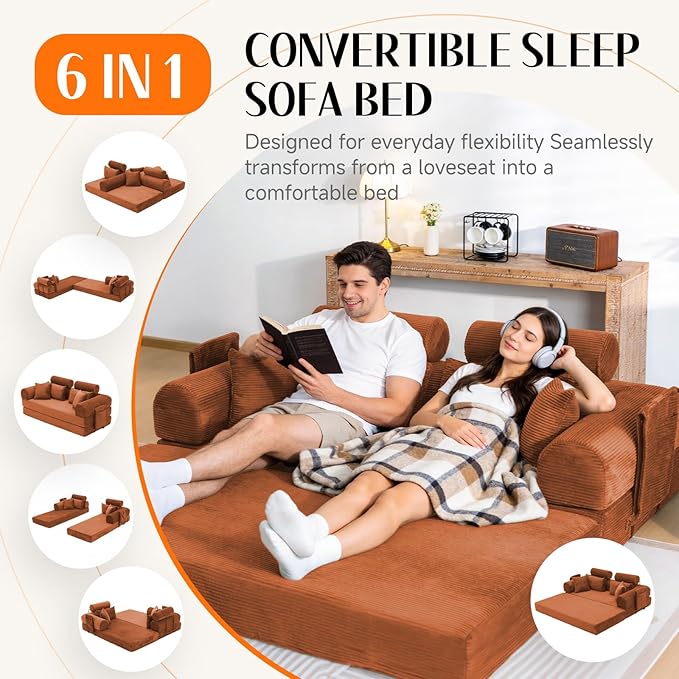 Upgrade Sofa Bed Convertible Mattress Couch for Small Spaces with High Backrest Design Fixed-Shape Frame &amp Removable Armrests and Backrest 2 Corduroy Pillow No Assembly Orange