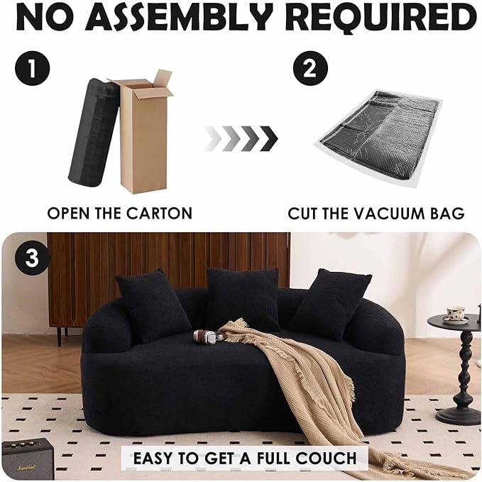 65” Black Curved Couch&amp Loveseat Sofa with 3 Pillows Compression Couch with Round Armrest Suitable for Small Space Bedroom Living Room Memory Foam Chenille No Assembly (Black)