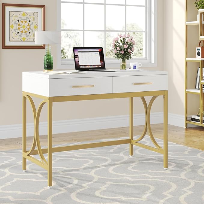 LITTLE TREE 41 Computer Desk with Two Drawers Modern Study Writing Desk with Storage White Makeup Vanity Table Office Desk with Gold Metal Frame for Home Office