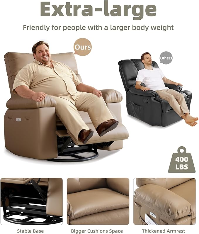 Oversized Swivel Recliner Chair for Adults 400LB Capacity Manual Recliner with 1.5X Plush Cushion 3-Position PU Leather Lounge &amp Nursery Recliner for Living Room &amp Bedroom