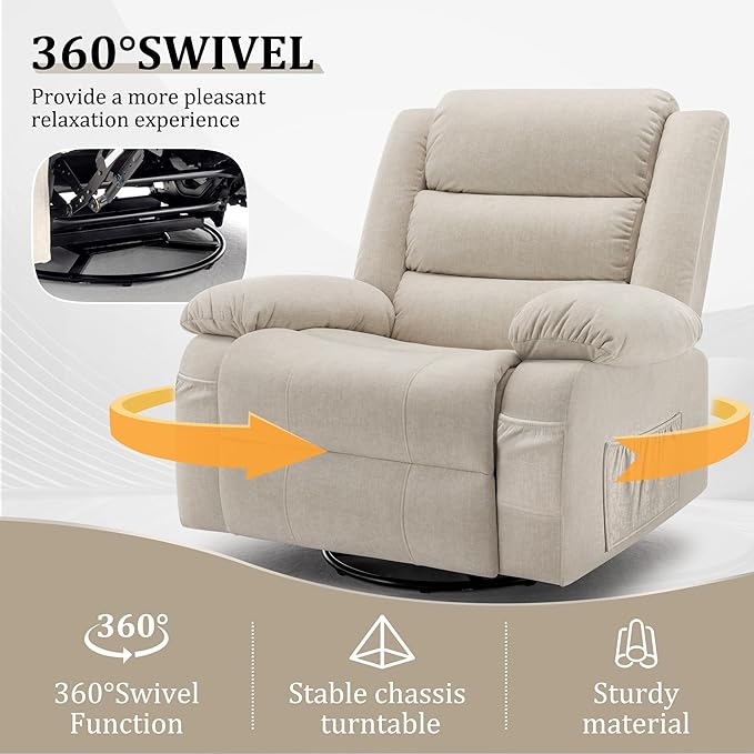 Recliner Chair Wide Rocker Chair Rocking Chair with Massage and Heat360°Swivel Nursery Rocking Chairs Oversized Recliner for Adults Cashmere Reclining Sofa for Living Room Beige