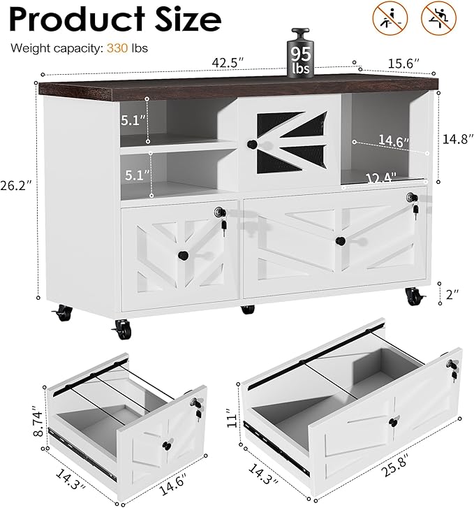 Lockable 2-Drawer Lateral File Cabinet with Open Storage Shelves Rolling Filing Cabinet for Home Office Holds Letter/Legal/A4 Files Heavy Duty Mobile File Cabinet White and Brown