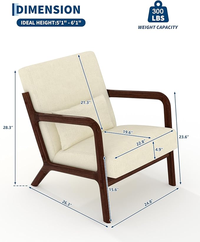 Garvee Mid-Century Chenille Accent Chair Cozy Reading Chair Modern Lounge Armchair with Lumbar Pillow Solid Wood Frame for Living Room Bedroom Office Beige