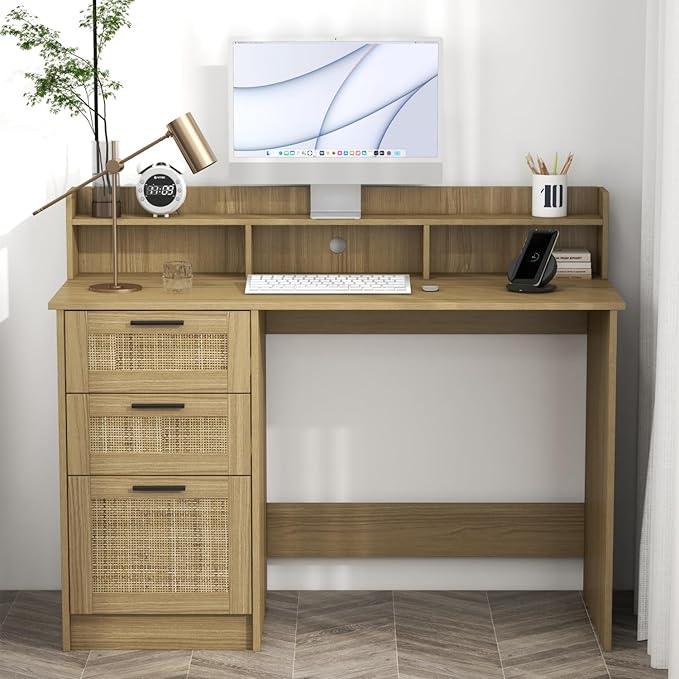 ENSTVER Small Computer Desk with Drawers and Hutch ShelfHome Office Small Desk with Storage File DrawersBoho Rattan Writing Study Desk for Bedroom