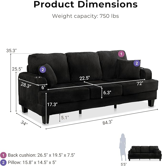 Homes: Inside + Out Reese Modern Plush Chenille Couch with Side Pockets Cup Holders and USB Ports Wooden Comfortable Sofa for Living Room Bedroom and Office Black