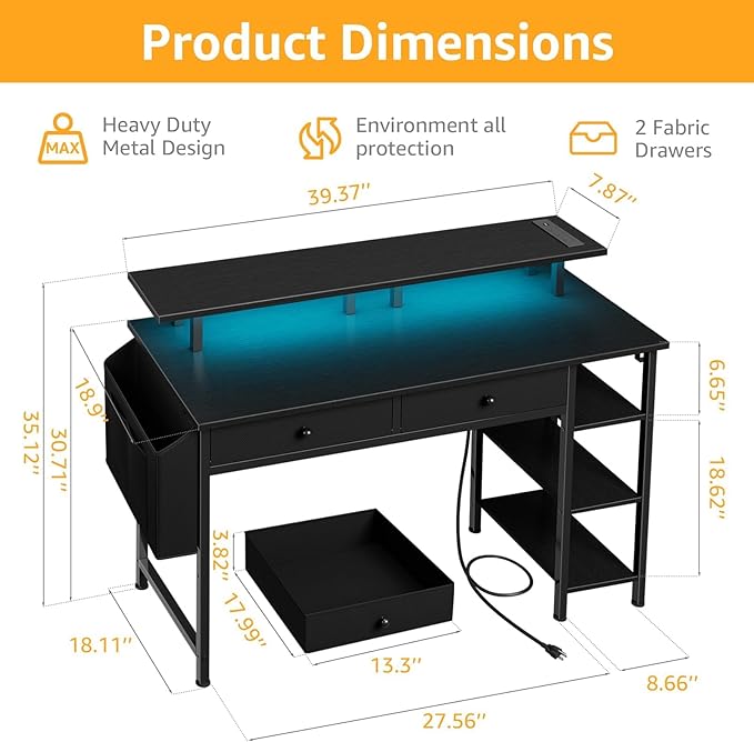 DLisiting Black Gaming Desk with Shelves and Drawers - 39 Inch Small Gaming Desk with Storage Shelves for Boys Teens Bedroom Black Computer Desks with Drawers Monitor Stand Power Outlet