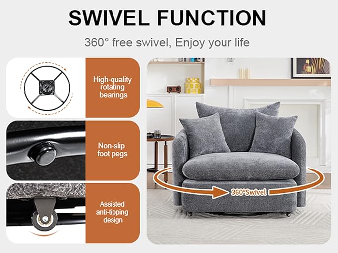 360 Degree Swivel Accent Chair Oversized 37.8 inch Extra Wide Barrel Swivel Chairs with Deep Seat for Living Room Club Reading Bedrooms (Light Grey)