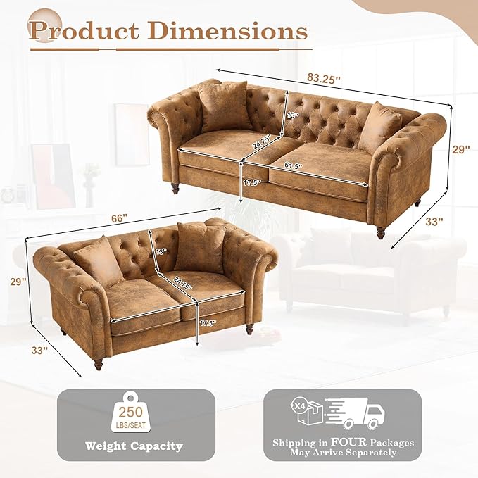 Modern Couch and Loveseat Sets Luxury Faux Leather Chesterfield Living Room Sofa Set Comfy Upholstered Deep Seat Sofa Furniture Set w/ Roll Armrest &amp Tufted Button for Office Juego De Sala Brow