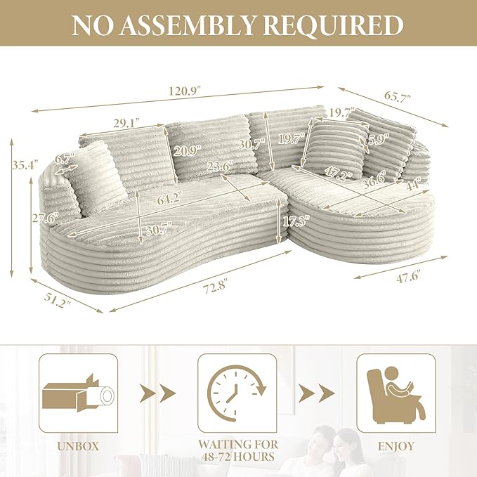 121 Modular Sectional Sofa Oversized Cloud Couch with Deep Seat L Shaped Sofa with Right Chaise Corduroy Boneless Sleeper Sofa Couch No Assembly Needed for Living Room Apartment Cream