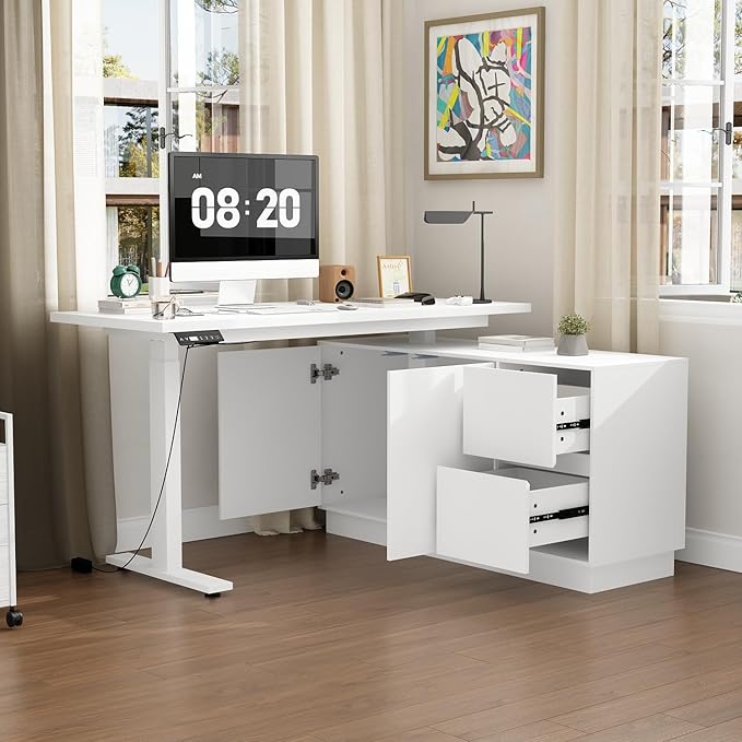 54.3 L Shaped Electric Standing Desk with File Cabinet Height Adjustable Stand up Desk with Drawers Home Office Computer Gaming Table White