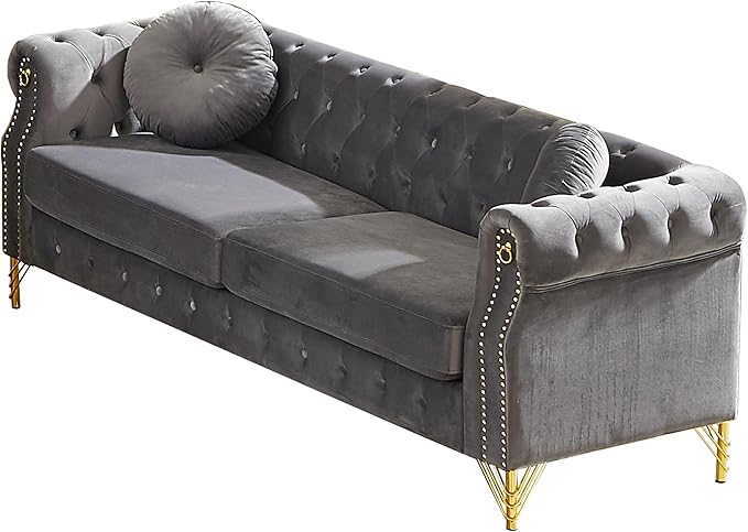 ERYE 82-Inch Button Tufted Sofa Couch with 2 Round Pillows 3 Seat Velvet Tufted Sofa Spacious Chesterfield Loveseat Couches W/Nailhead DecorRing Accent &amp Golden Legs
