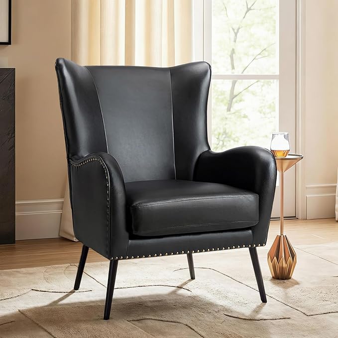 Upholstered Faux Leather Accent Chair with Black Metal Legs Comfy Armchair with Removable Cushion &amp Nailhead Trim Wingback Vanity Chair for Reading Living Room Bedroom
