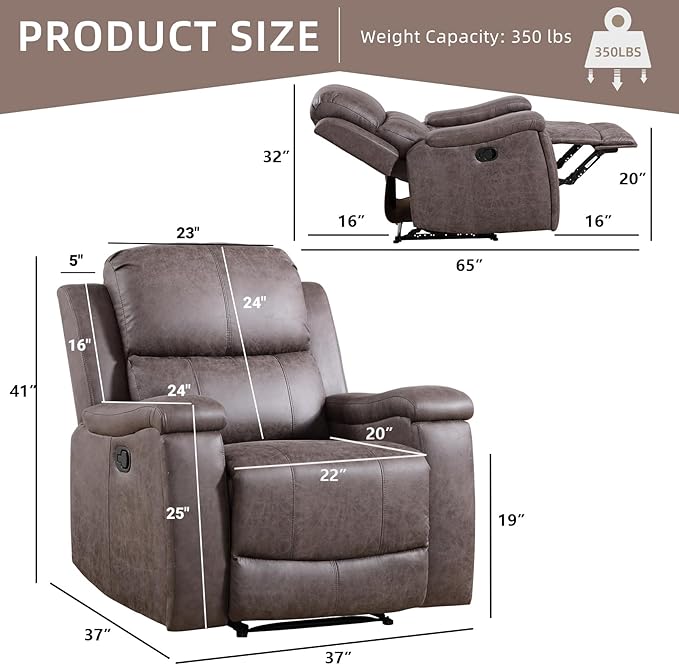 Leather Recliner Chair Manual Recliner Chair for Adults with Overstuffed Arms and Back Single Sofa Recliner with Cup Holders for Living Room (1 Grey)