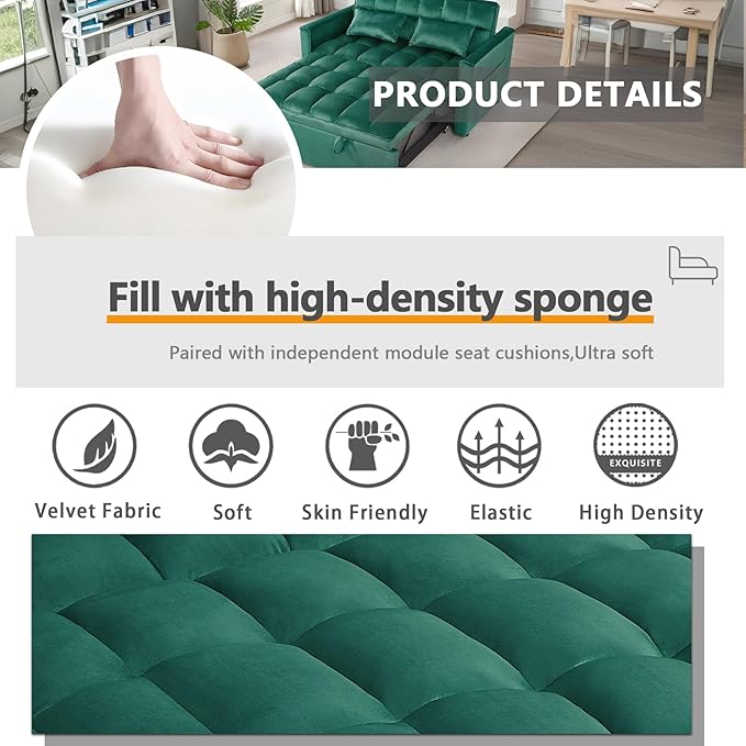 3 in 1 Pull Out Couch Bed Convertible Futon Sofa Bed Velvet Sleeper Loveseat for Small Living Room Adjustable Backrest Comfy Pillows Side Pocket (Green)