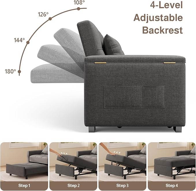 Ahomly 87 Convertible Sleeper Sofa Bed with Pull-Out Design Adjustable Backrest Wide Armrests with Storage Comfortable Pillows – Perfect for Small Spaces (Dark Grey)