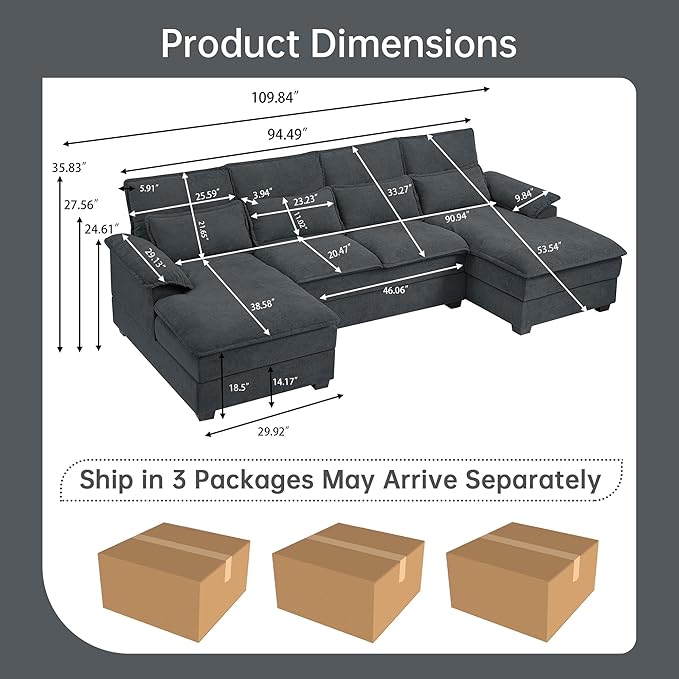 110 Sectional Couches for Living Room 4 Seat U Shaped Couch with Double Chaise Modular Cloud Sofa Removable Cover Modern Comfy Sofa for Home Furniture Office and Basement