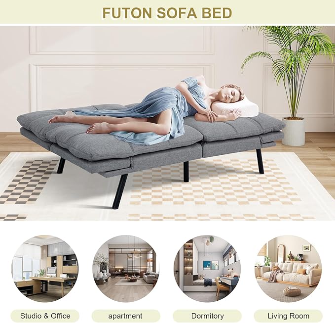 MUUEGM Convertible Futon Sofa Bed Memory Foam Futons Couch Bed 71 Adjustable Backrests and Armrests Sleeper Sofa Modern Love Seat Couch Bed for Living Room Small Space Office Light Grey