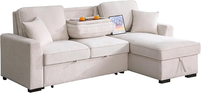 INSTORY Sectional Sleeper Sofa with Pull-Out Bed Drop-Down Table USB &ampType-C Port Cup Holders Beige