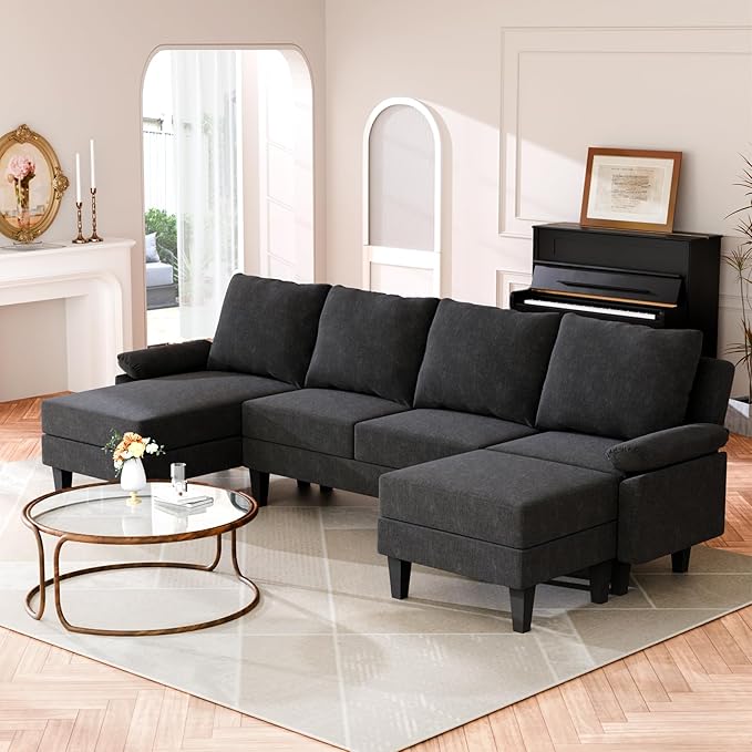 Sectional Couches for Living Room Furniture Sets 4 Seat L Shaped Couches with Ottoman Modular Sectional Sofa for Apartment Furniture Sets Linen Black