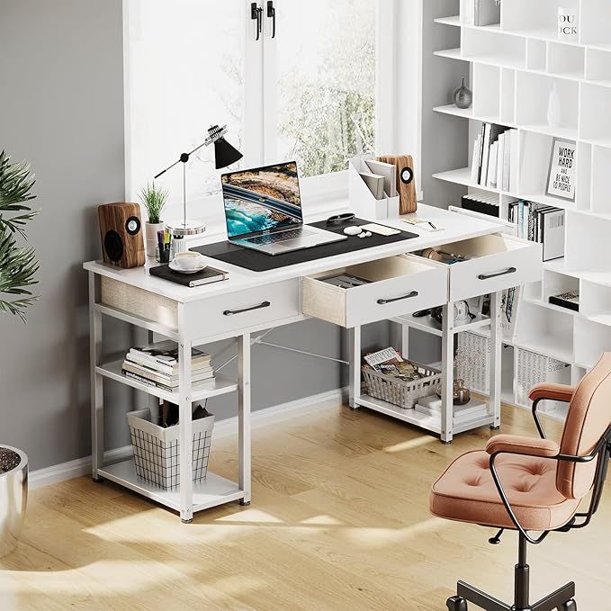 ODK 47 Small Office Computer Desk: Home Table with Drawers Wood Storage Shelves Modern Work Writing Desk White + White Leg