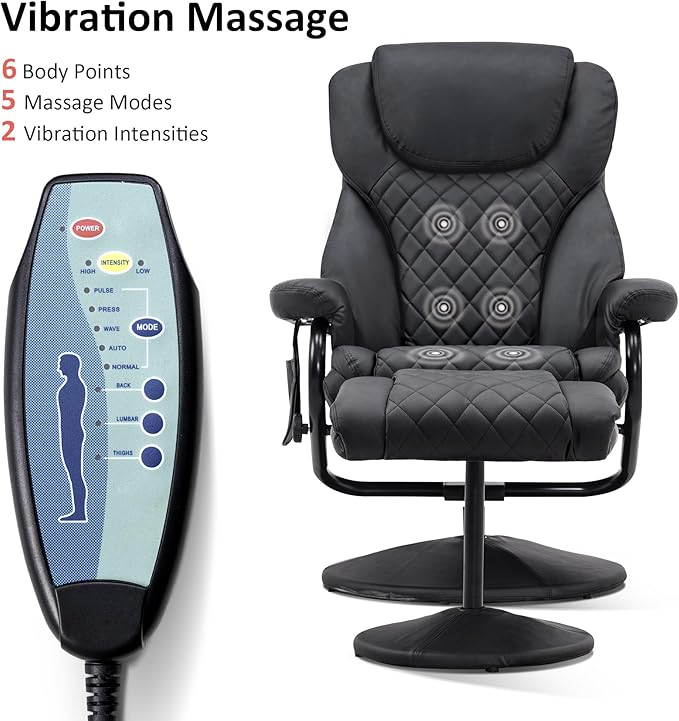 MCombo Recliner with Ottoman Reclining Chair with Massage 360 Swivel Living Room Chair Faux Leather 4901 (Black)