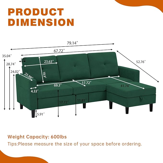 Sectional Sofa Couches for Living Room L Shaped Couch 3-Seat Convertible Sectional Sofas with Removable Storage Ottoman Modern Polyester Fabric (Green)