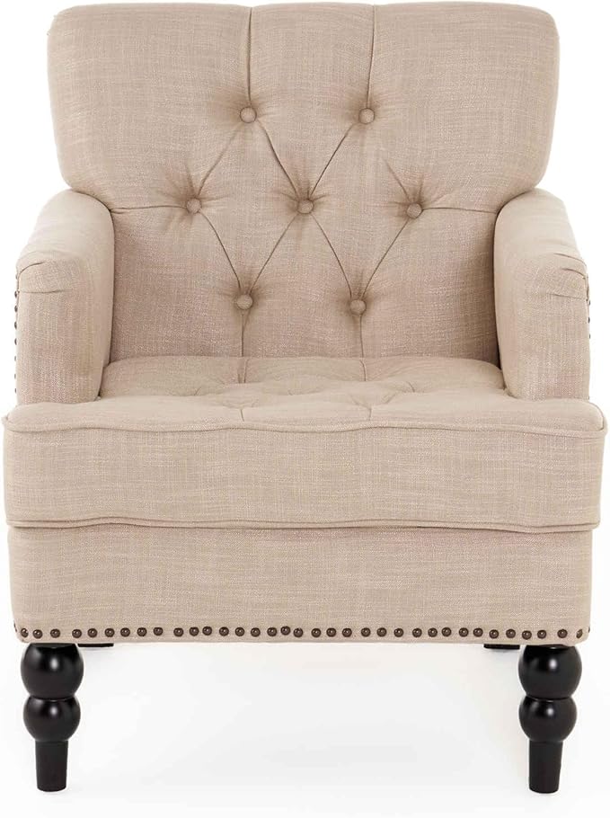 VERYKE Accent ChairTufted High Back Single Sofa Chair with Naihead DesignUpholstered Chair with Arms and Cushion PaddedLiving Room Chair with Turned Legs for BedroomHome Office (Fabric Beige)