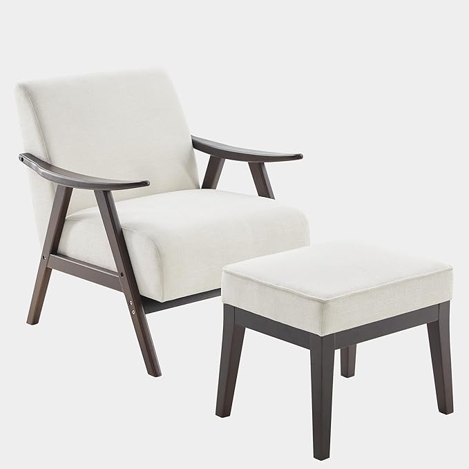 Accent Chair with Ottoman Upholstered Mid Century Chair and Footrest Solid Wood Arm Chair Living Room Chairs and Ottoman Set Beige RF412