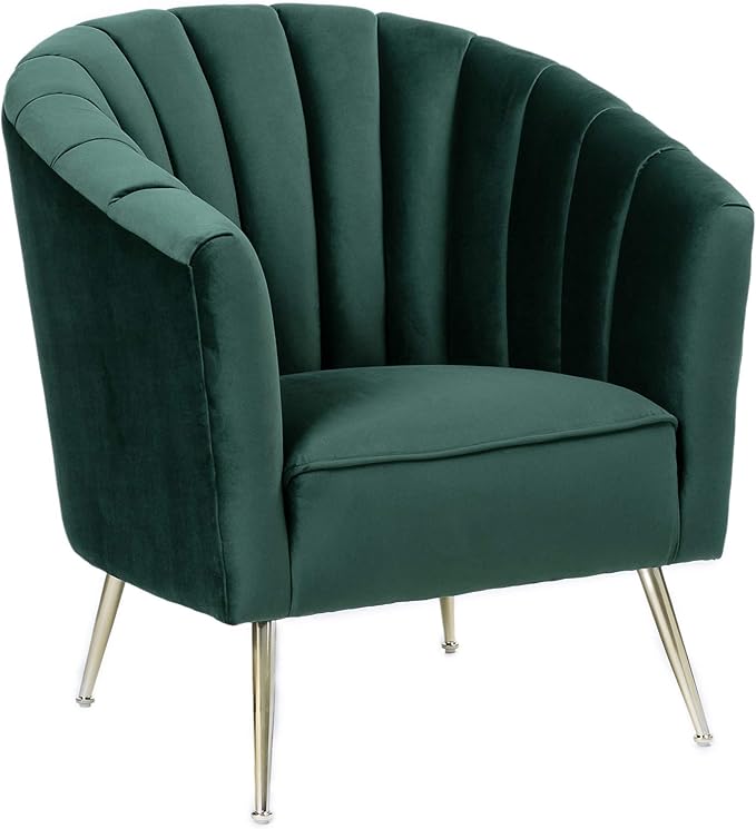 Manhattan Comfort Rosemont Velvet Accent Armchair Scalloped Chair with Mid-Century Modern Shell-Style with Wraparound Back Vertical Channeling Ideal for Living Room Use Set of 1 Green