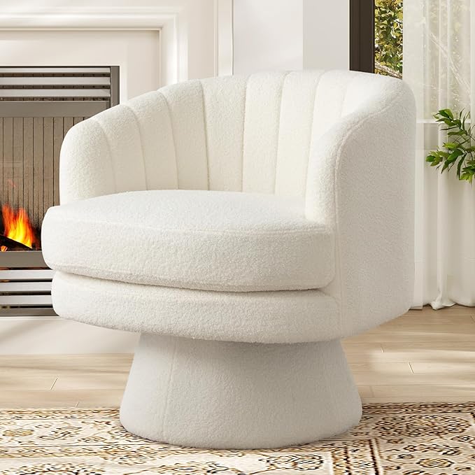 Swivel Accent Chair Barrel Vanity Chairs Mid Century Modern Chair for Living Room Bedroom Small Spaces Armchair Vanity Swivel Chairs with Removable Padding (1 White)