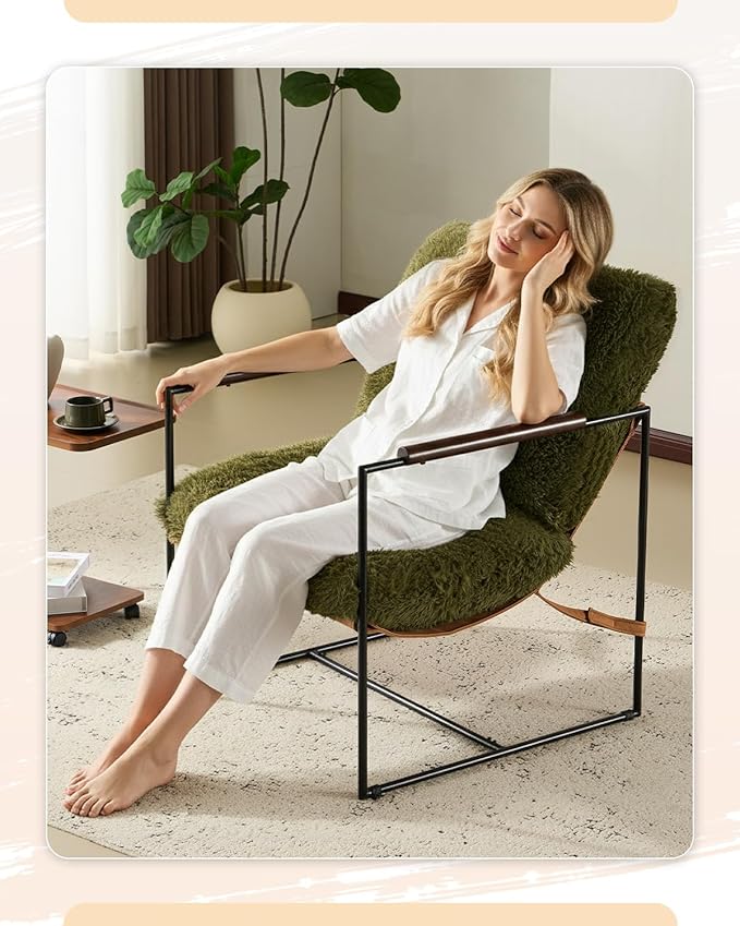 Karl home Modern Accent Chair Plush Fleece Upholstered Living Room Chair with Metal Frame Wooden Armrest Comfy Lounge Armchair for Living Room Bedroom Balcony Reading Room Green