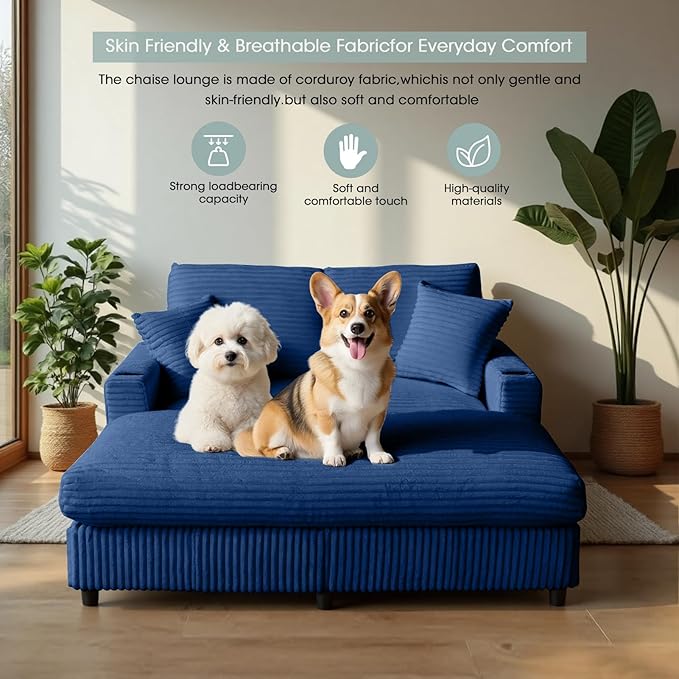 64 Chaise Lounge Indoor Reading Chair with 2 Pillows USB Charger Cup Holder Corduroy Sofa Bed Lazy Sleeper Couch Oversized Chaise Lounge Chair for Apartment Blue